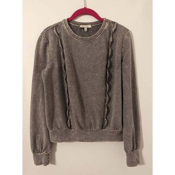 Anthropologie Eri + Ali Small Pullover Acid Wash Ruffle Grey Distressed - Picture 8 of 13